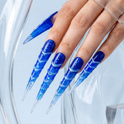 Ice Vortex – Cobalt Blue Stiletto Press-Ons with Silver Swirls