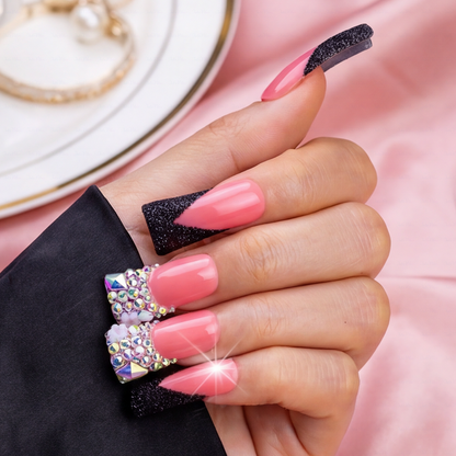 Crimson Noir – Pink & Black Glitter Long Duck Press-Ons with Crystal Accents