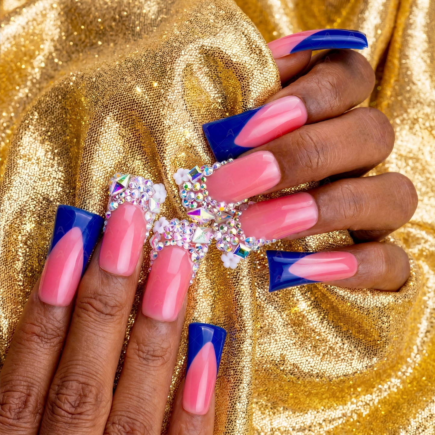 Royal V French  Nude & Navy Blue Long Duck Press-Ons with Iridescent Rhinestone Accents