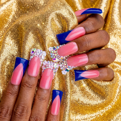 Royal V French  Nude & Navy Blue Long Duck Press-Ons with Iridescent Rhinestone Accents