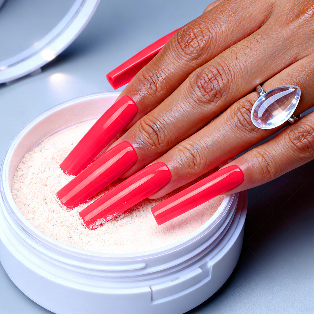Neon Hot Pink  Bright Pink Long Square Press-Ons with High Gloss Solid Finish