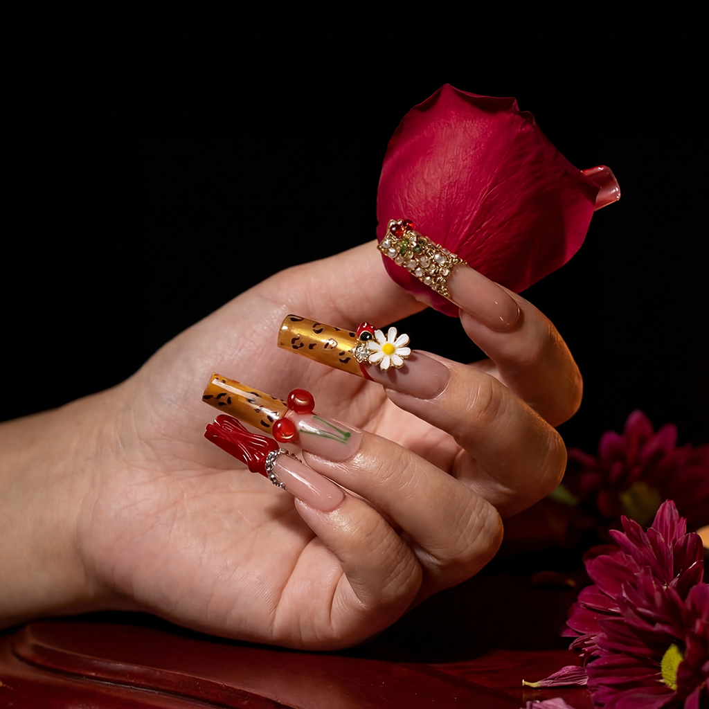 Cherry Leopard-Red & Nude Long Square Press-Ons with 3D Cherry & Leopard Print Accents