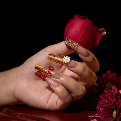 Cherry Leopard-Red & Nude Long Square Press-Ons with 3D Cherry & Leopard Print Accents