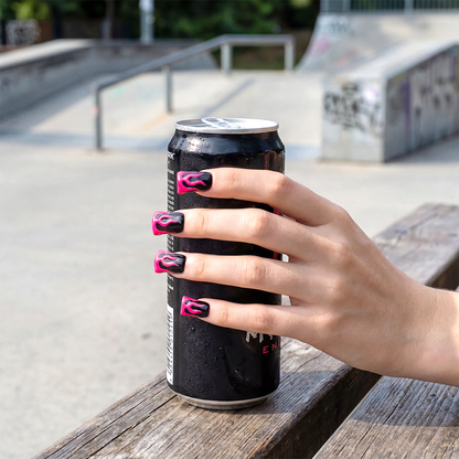 Blaze Pop – Hot Pink & Black Short Duck Press-Ons with Flame Graphics