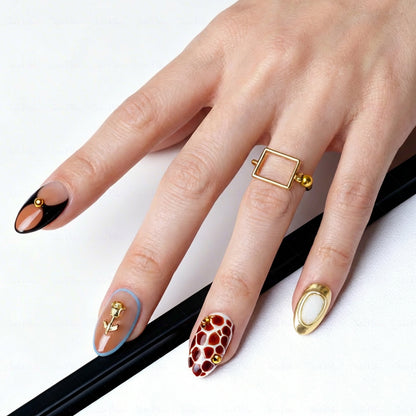 Caramel Retro Boho – Brown & Blue Medium Almond Press-Ons with 3D Flower & Gold Charms