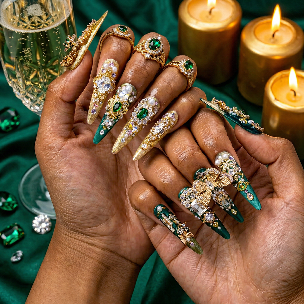 Made-to-Order | Emerald Royal Baroque – Green & Gold Long Stiletto Press-Ons with Vintage Gem Charms