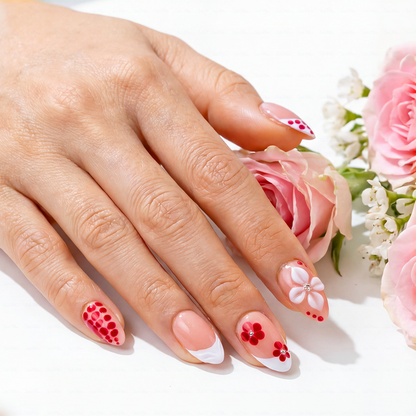 Red Leopard Bloom – Nude Red Short Almond Press-Ons with 3D Floral & Leopard Print Accents