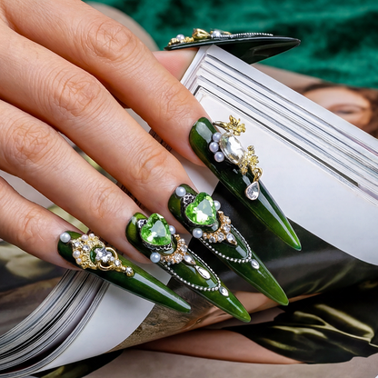 Emerald Royale – Deep Forest Green Long Stiletto Press-Ons with Emerald Gems, Gold Crown & Bow Charms