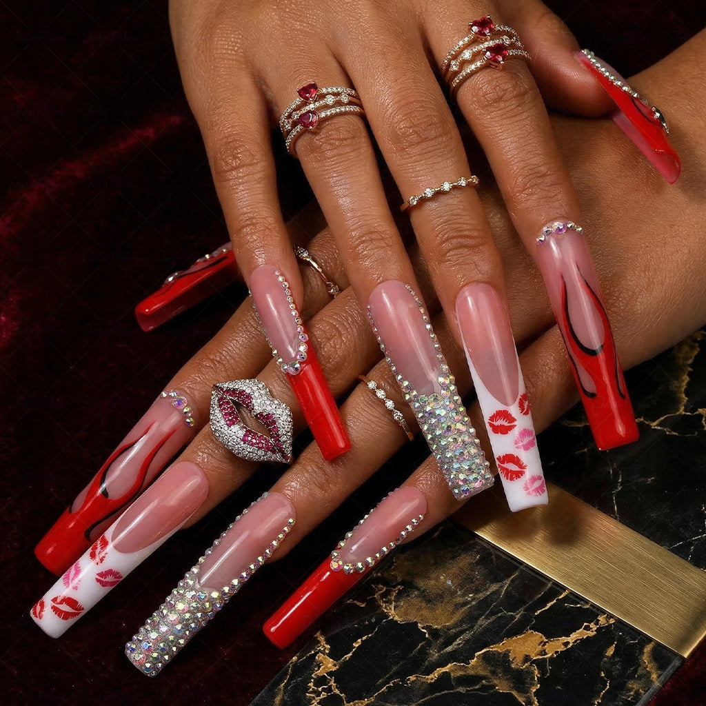 Lip Print French  Red & Nude Long Square Press-Ons with Lip Accents & Rhinestone Details