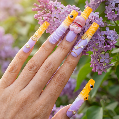 Sunset Swirl – Lavender & Mango Long Square Press-Ons with 3D Lip & Chain Charms