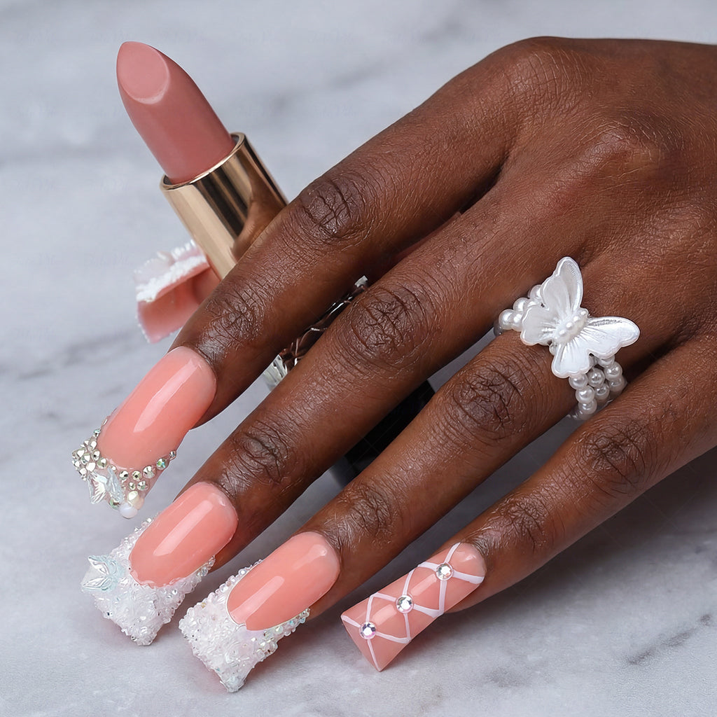 Bridal Lace Bow  Nude & White Long Duck Press-Ons with Pearl Bow & Butterfly Charms