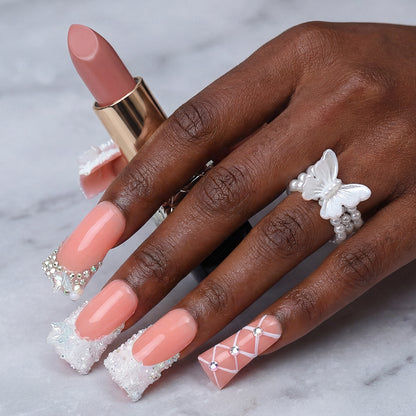 Bridal Lace Bow  Nude & White Long Duck Press-Ons with Pearl Bow & Butterfly Charms