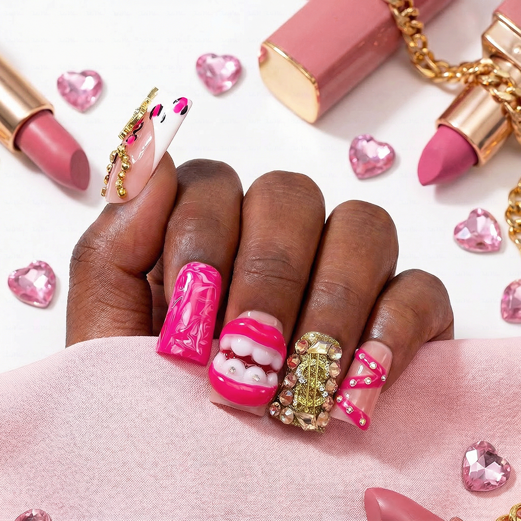Baddie Lip – Hot Pink Short Duck Press-Ons with 3D Lip & Dollar Sign Charms