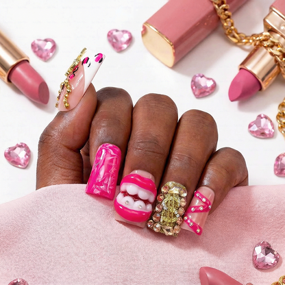 Baddie Lip – Hot Pink Short Duck Press-Ons with 3D Lip & Dollar Sign Charms