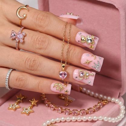 Magic Babe-Baby Pink Short Duck Press-Ons with 3D Bear & Magic Wand Charms