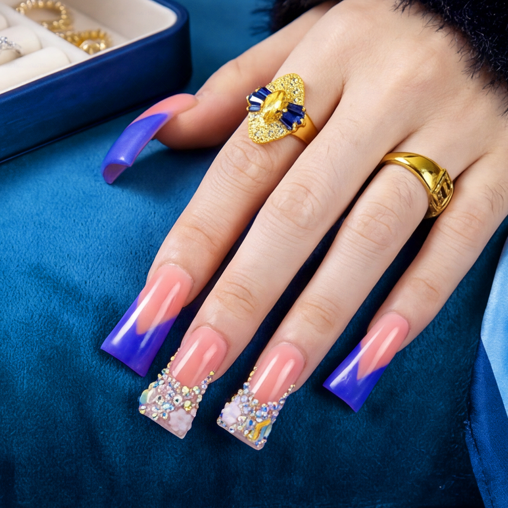 Lavender Blossom – Pink & Purple Long Duck Press-Ons with Crystal & Floral Accents