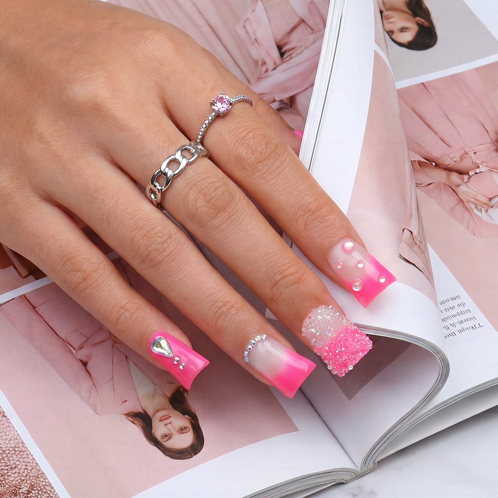 Bubblegum Bling-Hot Pink Short Duck Press-Ons with Ombre Sugar Rhinestone & Crystal Accents