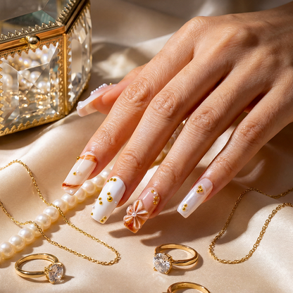 Coastal Pearl – Nude White Short Square Press-Ons with 3D Starfish & Seashell Accents