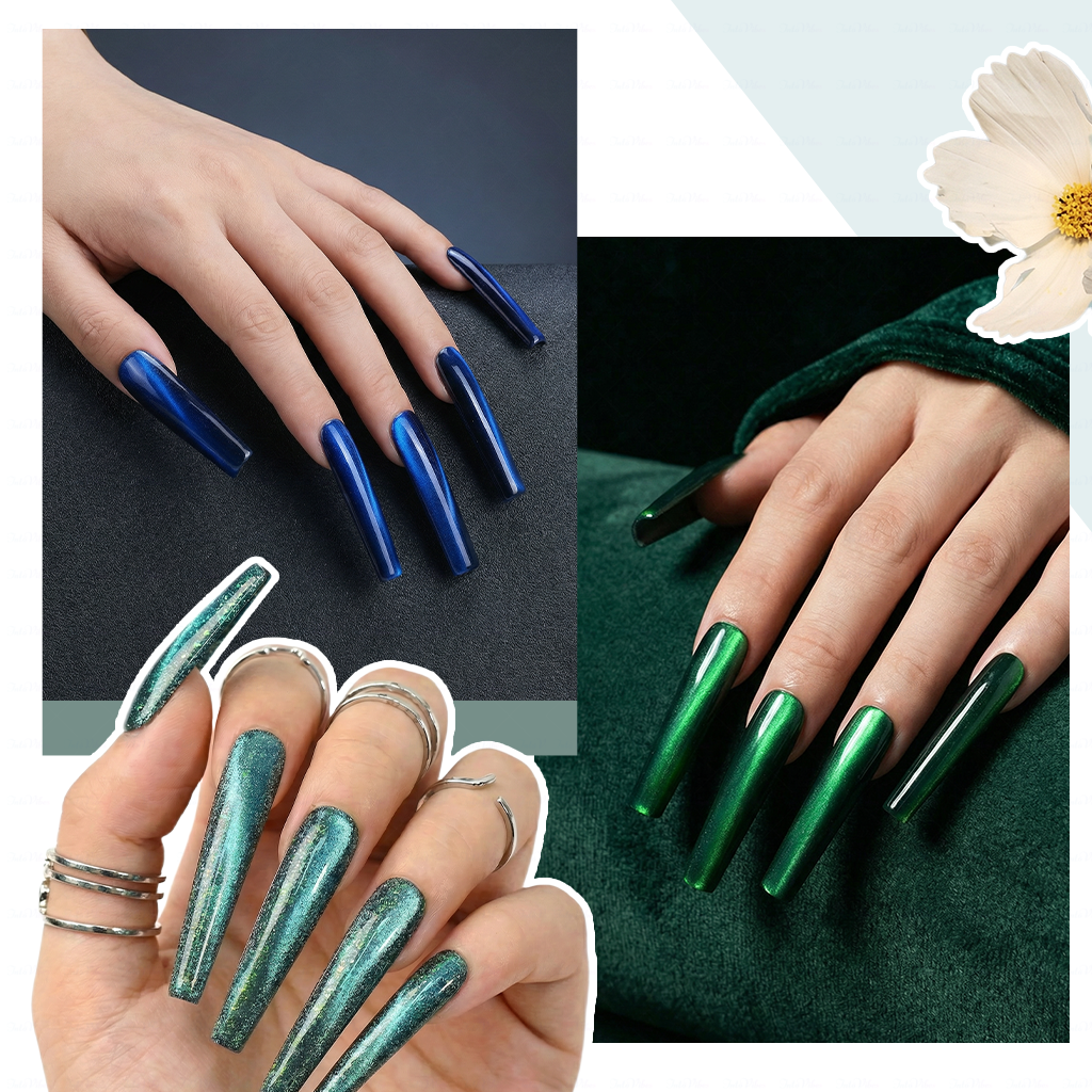 Cat Eye Chrome – Multi-Color Long Square Press-Ons with Magnetic Cat Eye Finish