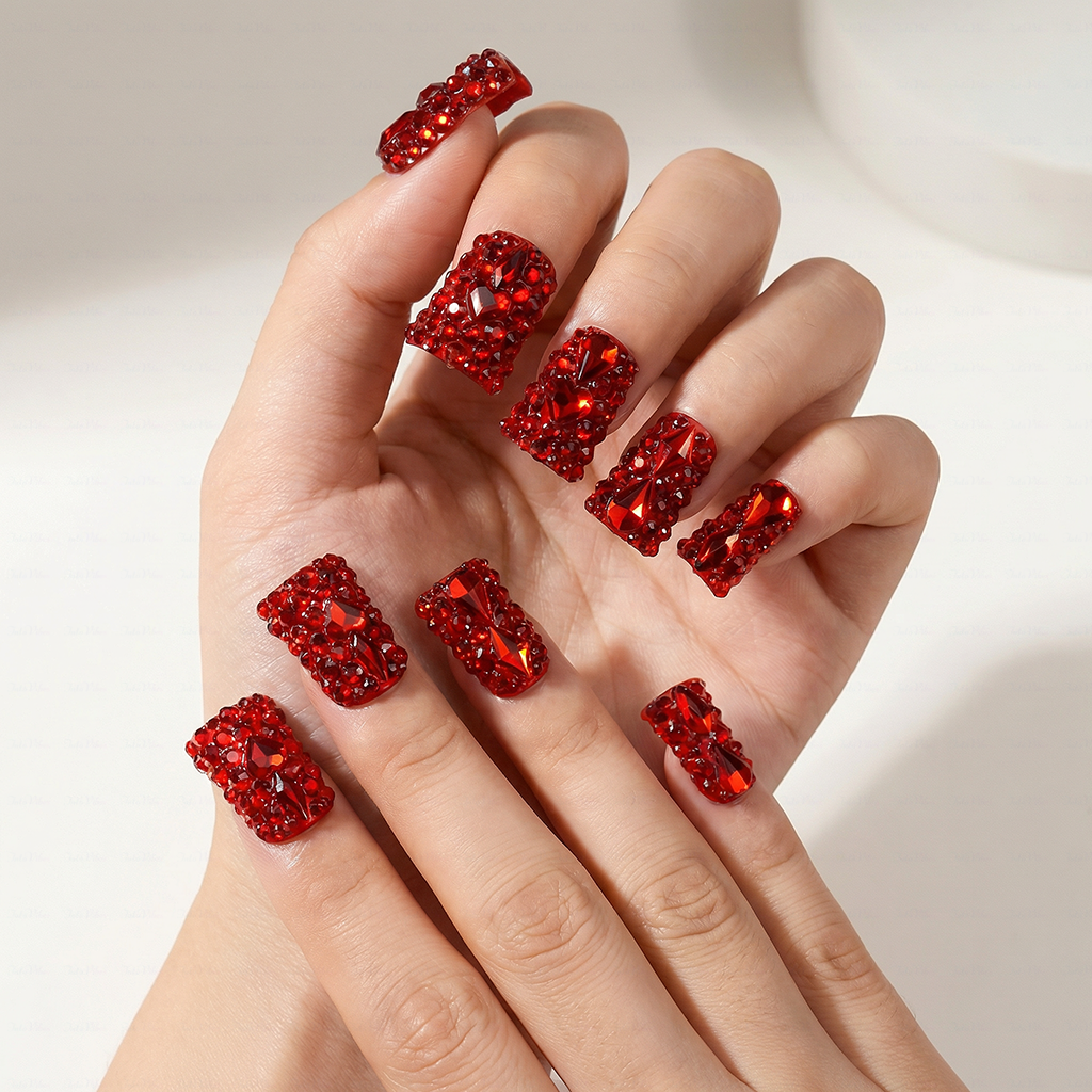 Scarlet Blaze Hand & Foot Set – Red Crystal-Encrusted Press-Ons