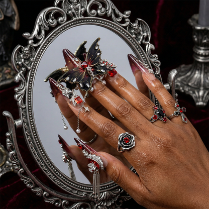 Made-to-Order | Dark Butterfly Gothic – Black & Red Ombre Long Stiletto Press-Ons with 3D Butterfly and Chain Charms