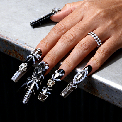 Gothic Baroque-Black & Brown Long Square Press-Ons with Pearl Rose & Butterfly Charms