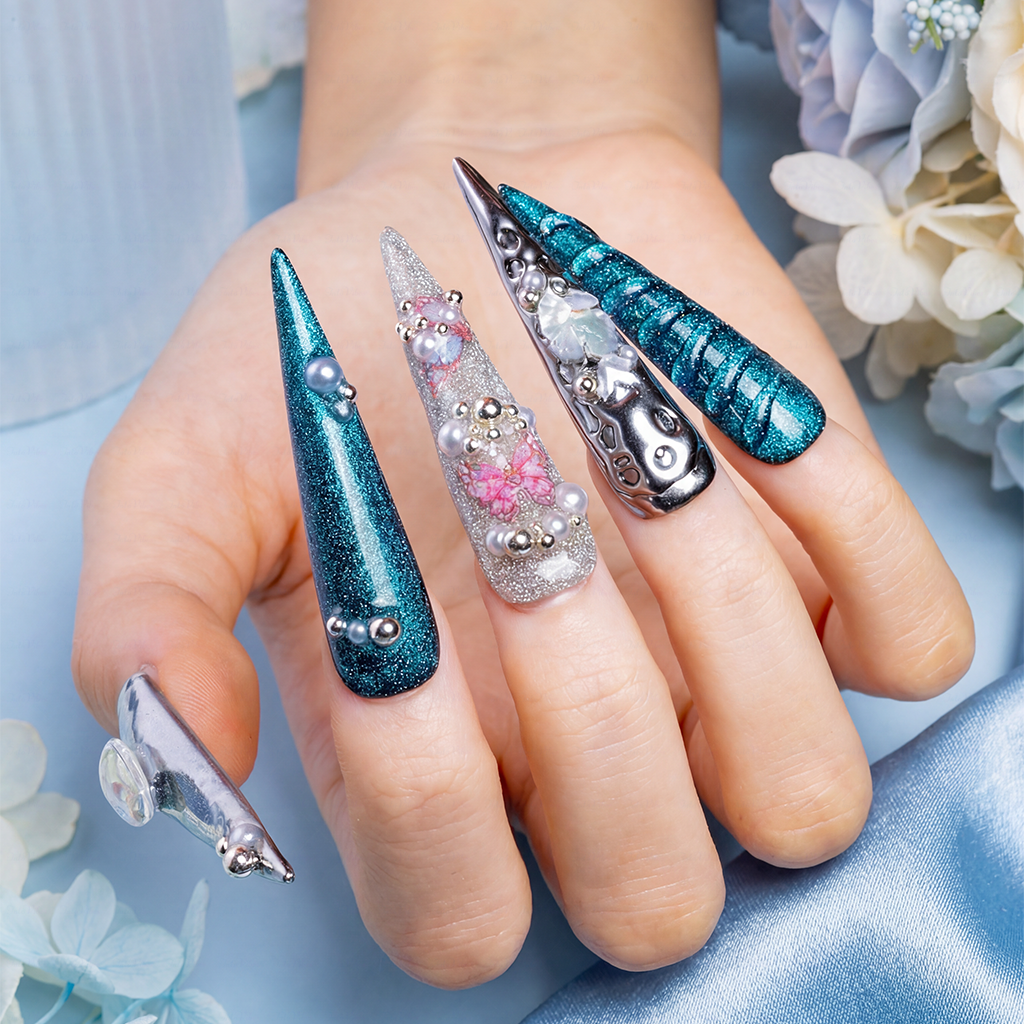 Ocean Chrome – Teal & Silver Stiletto Press-Ons with Crystal Accents