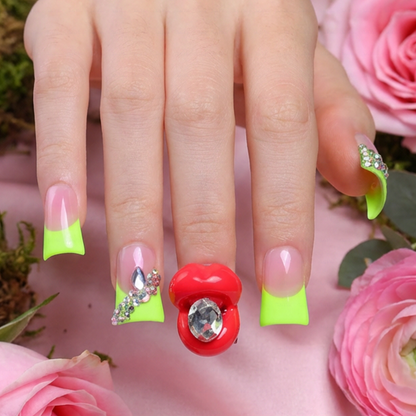 Neon Kiss – Blush Pink & Neon Green Short Duck Press-Ons with 3D Lip & Rhinestone Charms