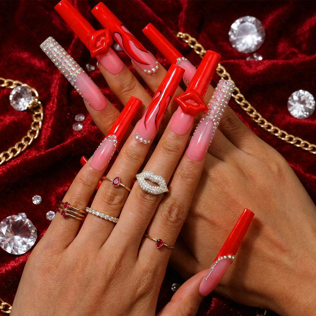 3D Lip French  Red & Nude Long Square Press-Ons with 3D Lip Charms & Rhinestone Details
