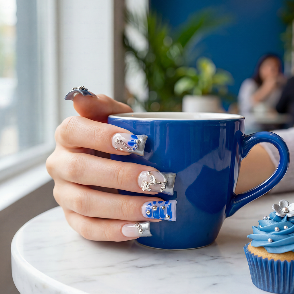 Chrome Vortex – Blue & Silver Short Duck Press-Ons with 3D Chain & Metal Accents