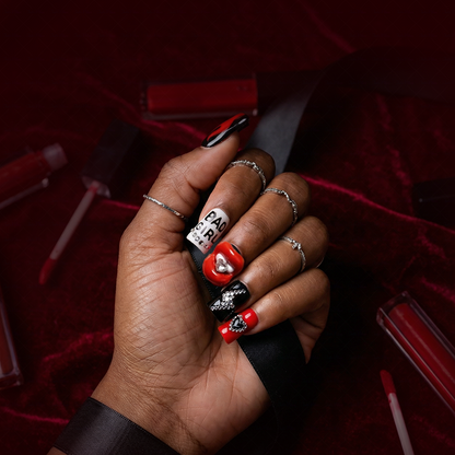 Rebel Pout - Rebel Red & Black Short Duck Press-Ons with 3D Lip & Rhinestone Charms