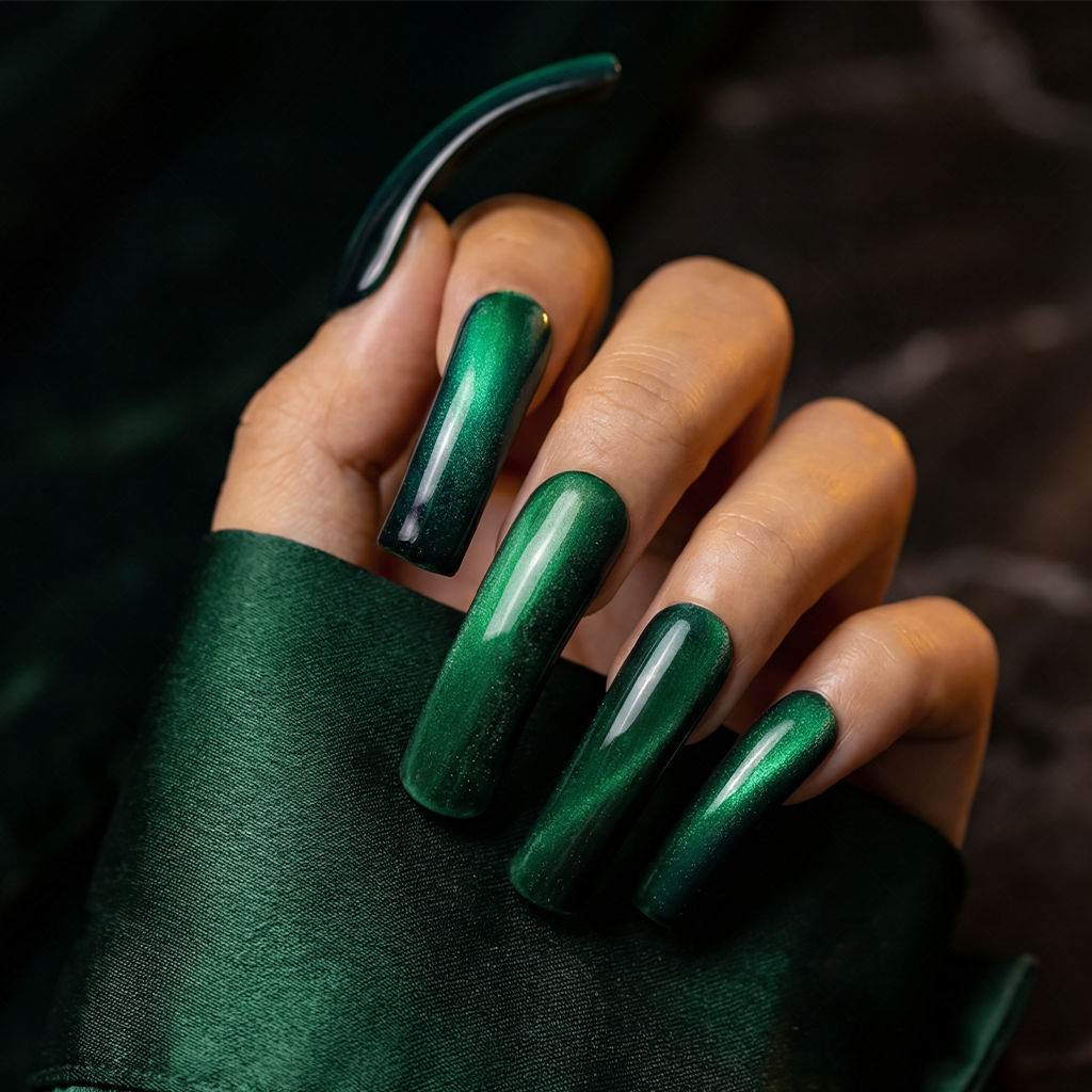 Emerald Glow – Emerald Green Long Downward Curved Press-Ons with Magnetic Light-Shifting Cat Eye Finish