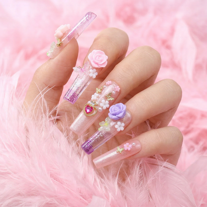Rose Fairy  Nude & Purple Long Square Water Press-Ons with 3D Rose & Butterfly Charms