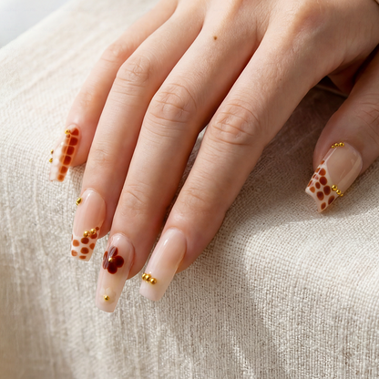 Caramel Spot – Nude Brown Short Square Press-Ons with Leopard Print & Gold Bead Accents