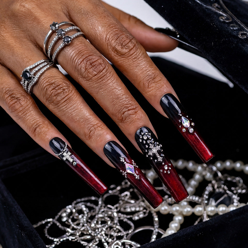 Goth Royal Black & Red Long Square Press-Ons with Crown & Cross Charms