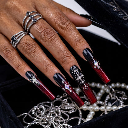 Goth Royal Black & Red Long Square Press-Ons with Crown & Cross Charms