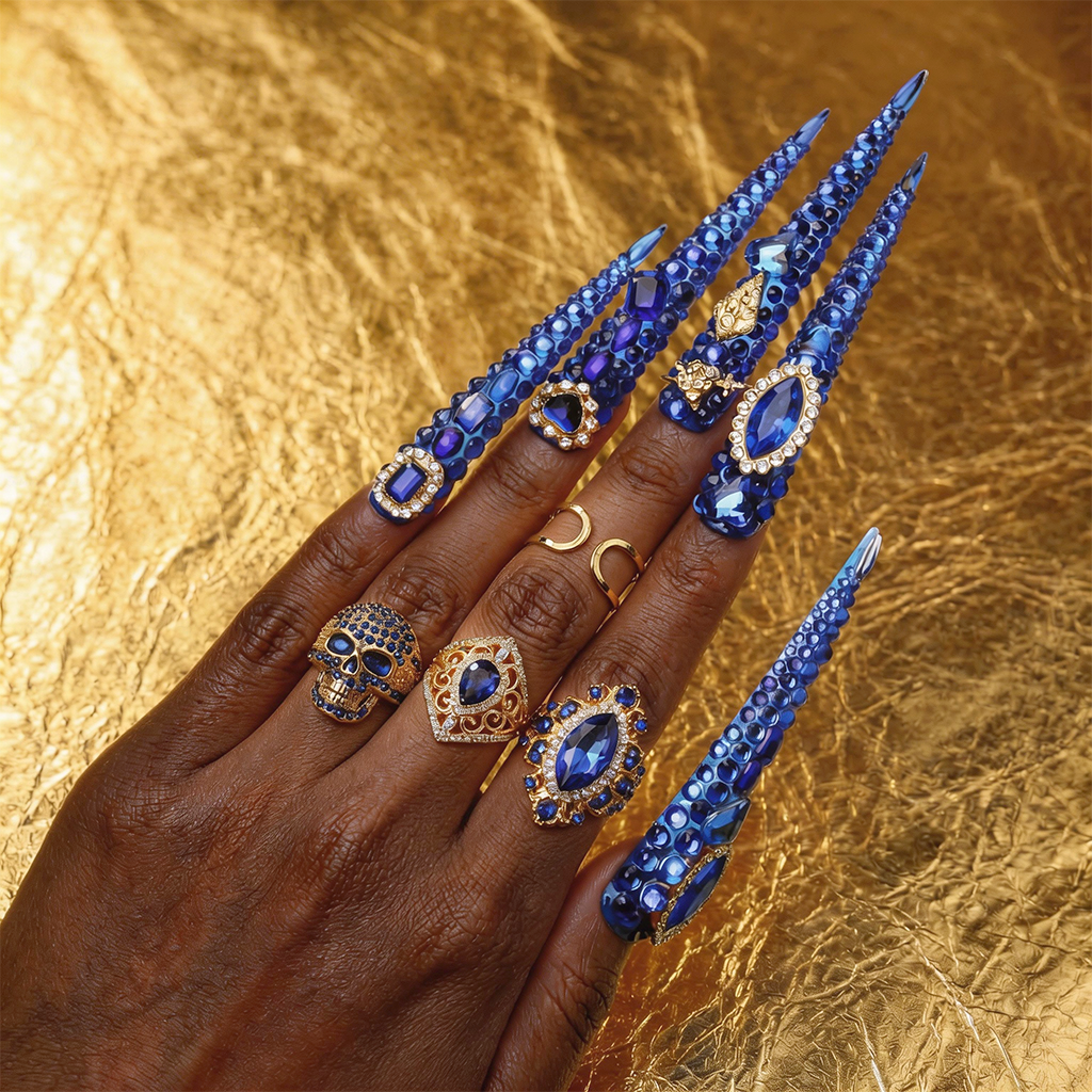 Sapphire Bling-Royal Blue Extra Long Stiletto Press-Ons with Full Rhinestone Encrusted Design