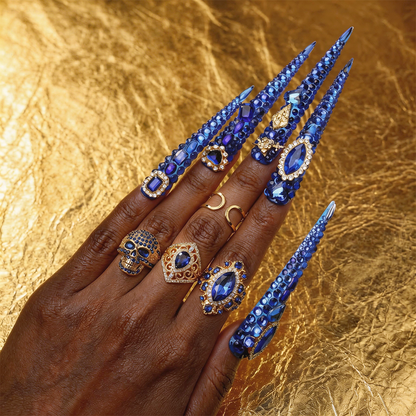 Sapphire Bling-Royal Blue Extra Long Stiletto Press-Ons with Full Rhinestone Encrusted Design