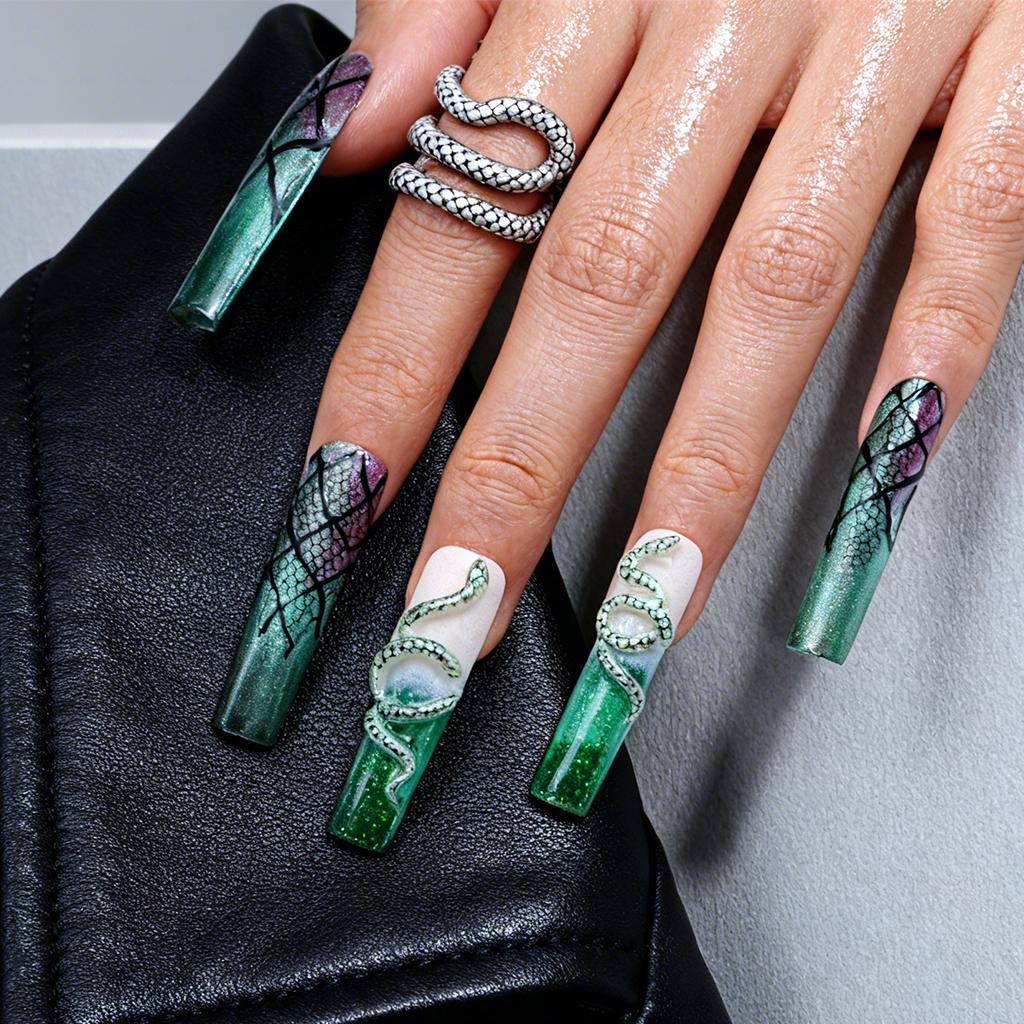 Snake Scale  Green & Purple Long Square Water Press-Ons with 3D Snake & Cracked Print Accents