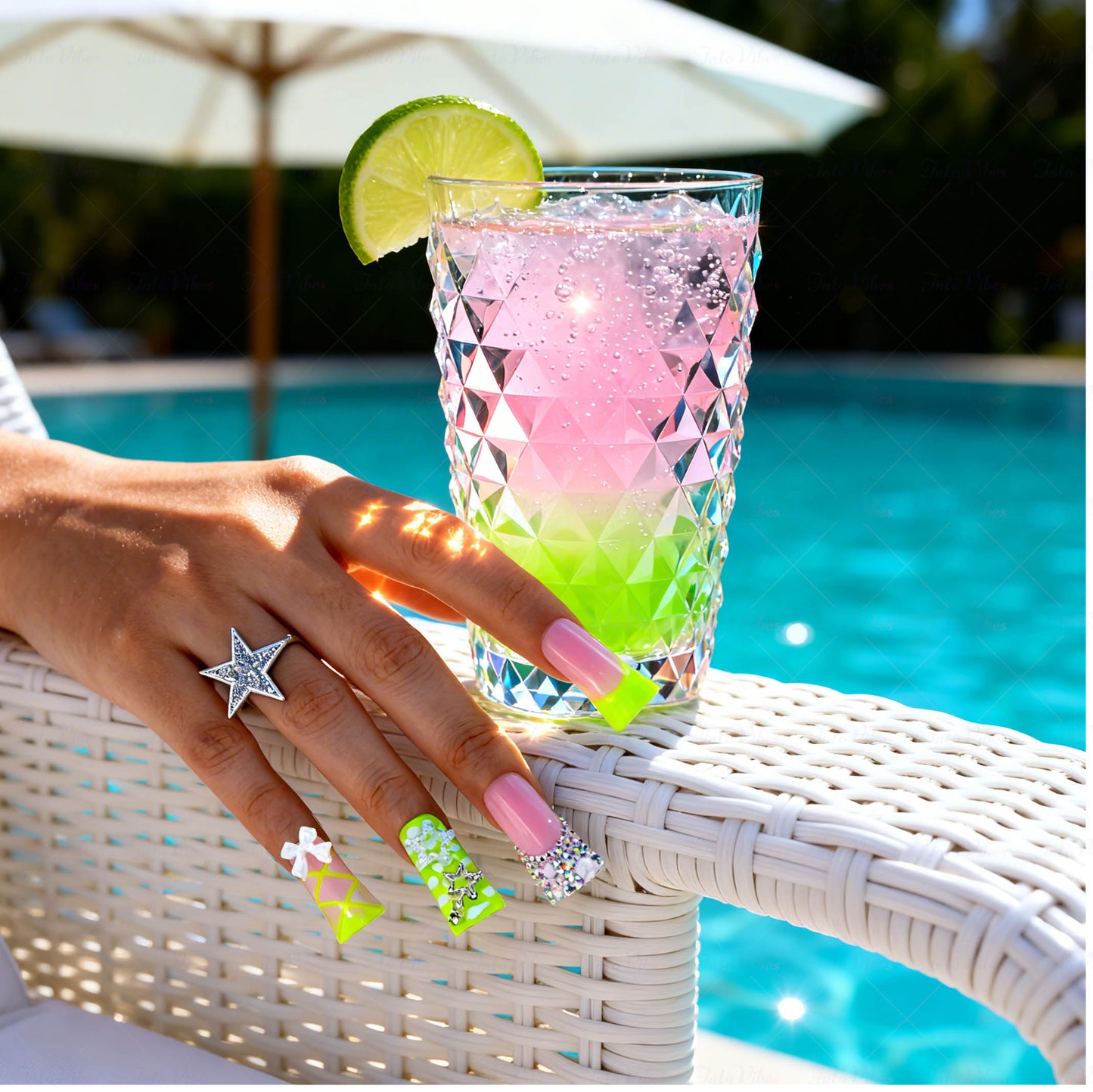 Neon Sweetie-Pink & Neon Green Long Duck Press-Ons with 3D Star & Bow Charms