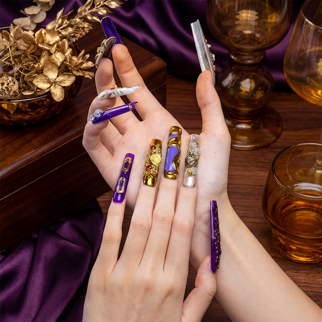 Royal Opulence – Purple & Gold Long Square Press-Ons with 3D Baroque Charms