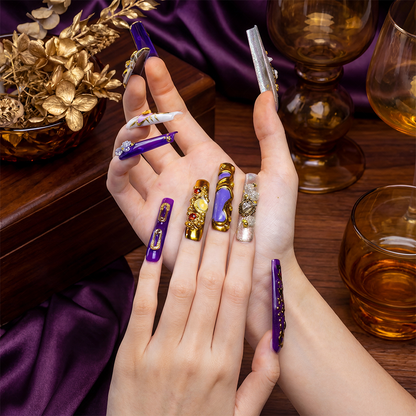 Royal Opulence – Purple & Gold Long Square Press-Ons with 3D Baroque Charms