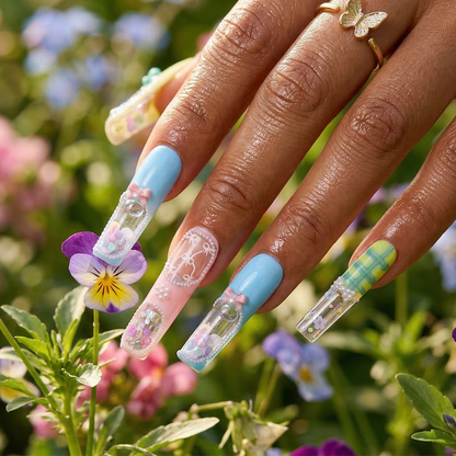 Pastel Quicksand  Multi-Color Long Square Water Press-Ons with 3D Bow & Sequin Accents