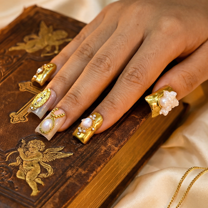 Baroque Angel – Gold & Milky White Short Duck Press-Ons with 3D Angel & Virgin Mary Charms