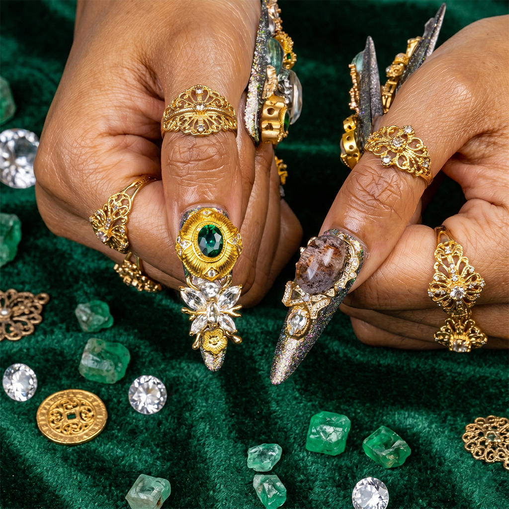 Made-to-Order | Imperial Jade Baroque – Sage Glitter Long Stiletto Press-Ons with Gold Vintage Gem Charms