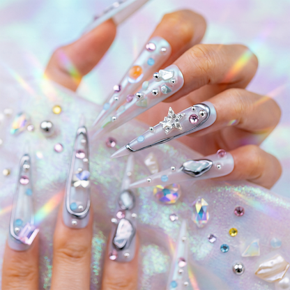 Aurora Crystal – Iridescent Mint Stiletto Press-Ons with Mixed Rhinestone Accents