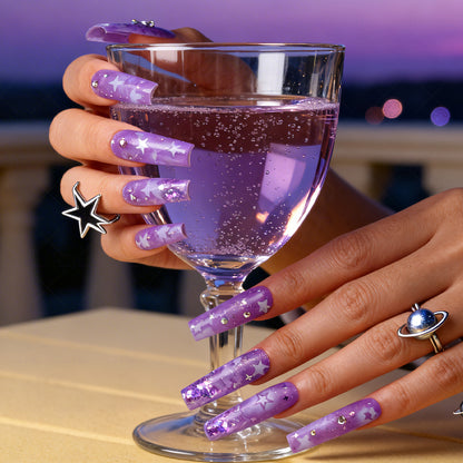 Purple Starry Quicksand  Lavender Long Square Water Press-Ons with 3D Star Charms