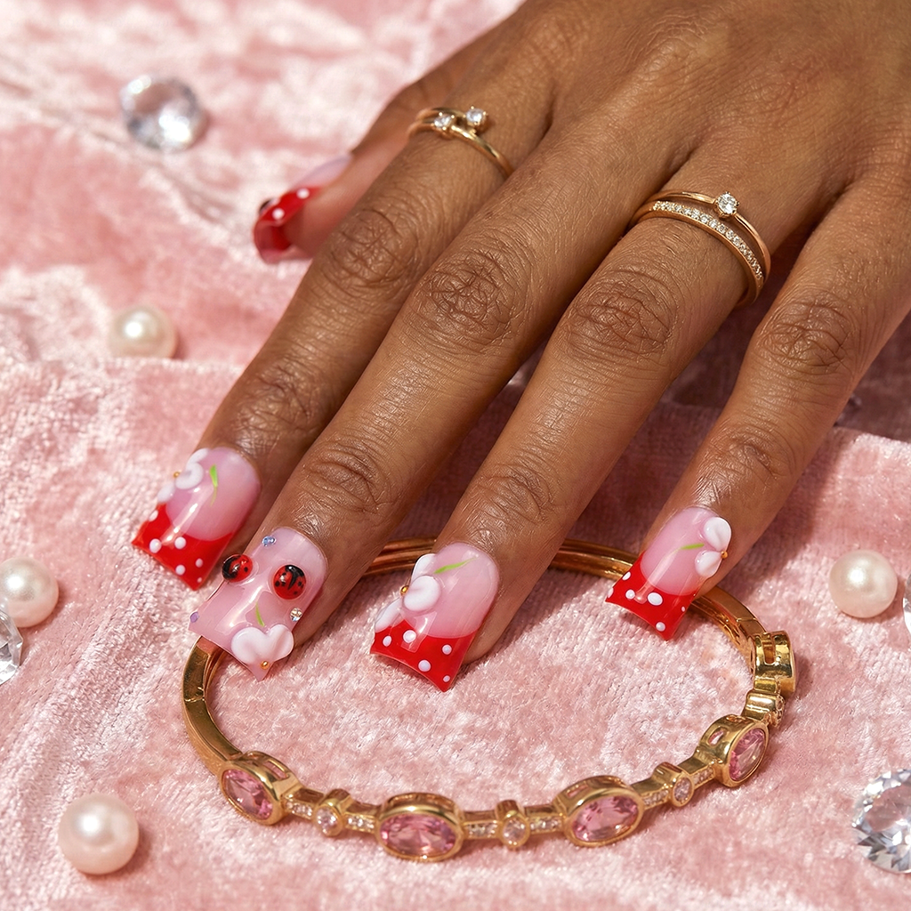 Kawaii Spring Ladybug – Pink & Red Short Duck Press-Ons with 3D Flower Charms