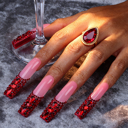 Ruby Red Bling – Nude & Red Long Square Press-Ons with Full Red Rhinestone Accents