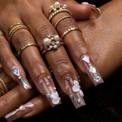 Butterfly Glow Nude Brown Medium Square Press-Ons with Gold Butterfly & Iridescent Gem Accents